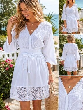 White Waves Embroidered Boho Beach Cover-Up Dress | L/XL | NWT